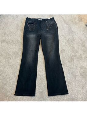 RFM Royalty For Me black rhinestone fringe pocket trim boot cut denim jeans NWT